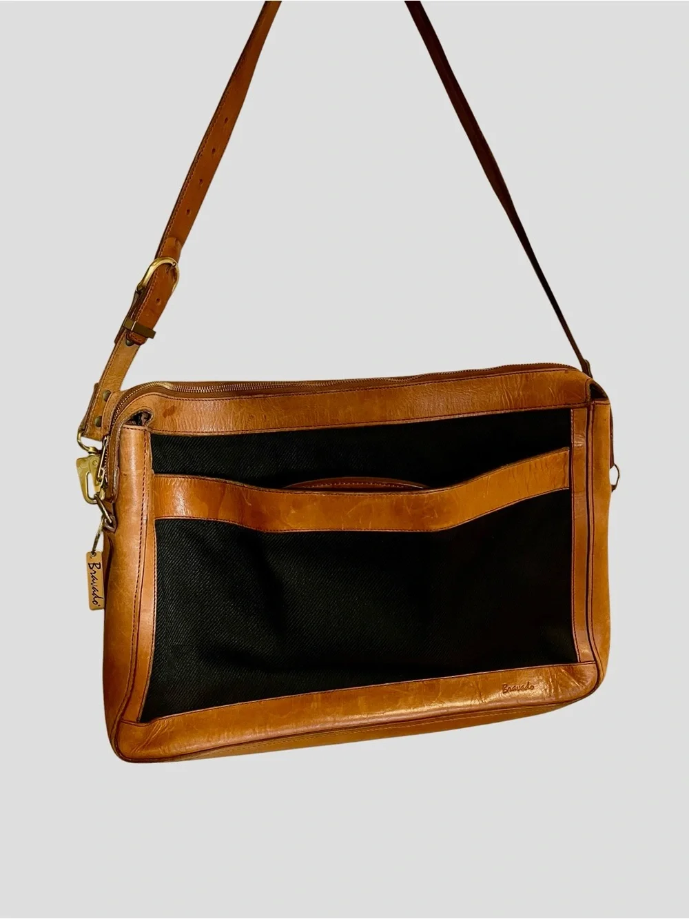 Vintage Bravado Leather Canvas Messenger Crossbody Satchel Bag Brass 17x12